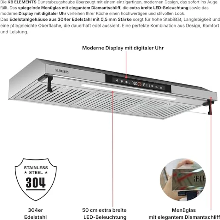 KB ELEMENTS Dunstabzugshaube 90cm, Umluft/Abluft mit 650m³/h Saugleistung, doppeltem Motor und Touch-Gestensteuerung – Bild 3