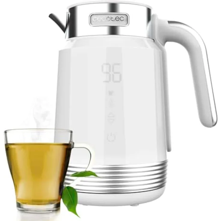 Cecotec Wasserkocher ThermoSense 600 Touch White, 1,7 l, 2200 W, BPA-frei, Edelstahl und Kunststoff, Touchscreen, 360-Grad-Basis, LED-Betriebslicht