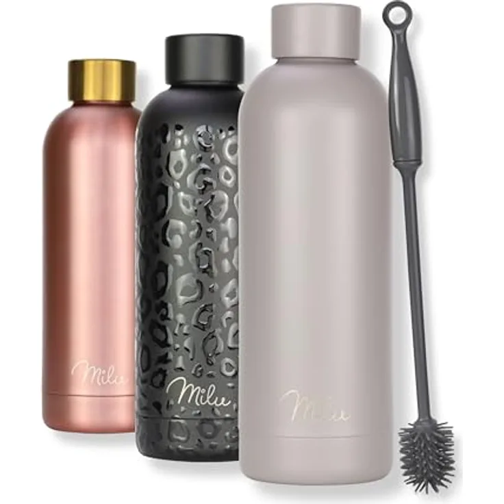Milu Thermosflasche 500ml, isolierte Edelstahl Trinkflasche, doppelwandig, auslaufsicher, kohlensäuregeeignet, inkl. Reinigungsbürste, Taupe Grau
