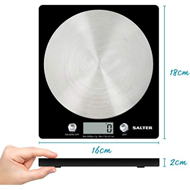 SALTER Digitale Küchenwaage mit Edelstahl Plattform, Elektronische Waage für die Küche, Wiegen von Lebensmitteln mit einer Kapazität von 5kg, Flüssigkeiten in ml + fl. Oz. – Bild 3