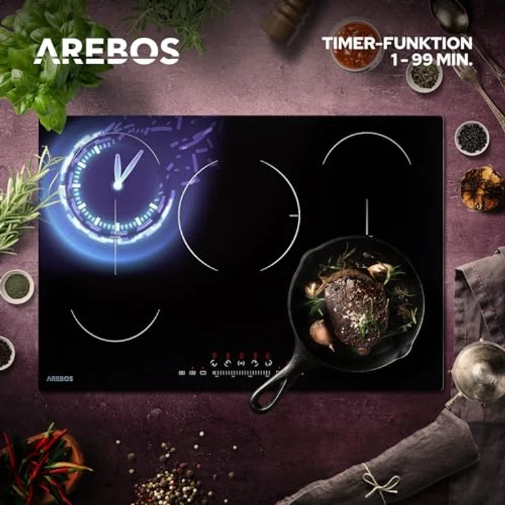 Arebos Induktionskochfeld | 9800 W | 5 Kochfelder mit 2 Flexzonen | 77 cm | Autark | mit Sensor Touch, Timer, Kindersicherung, Überhitzungsschutz, Autoabschaltung – Bild 5