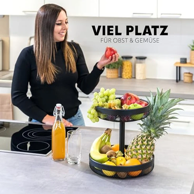 eluno 2-stöckige runde Obstetagere aus schwarzem Metall, vielseitig einsetzbar zur übersichtlichen Lagerung von Obst, Gemüse, Brot und Snacks, Ø 30 cm oben, 31,5 cm hoch – Bild 3
