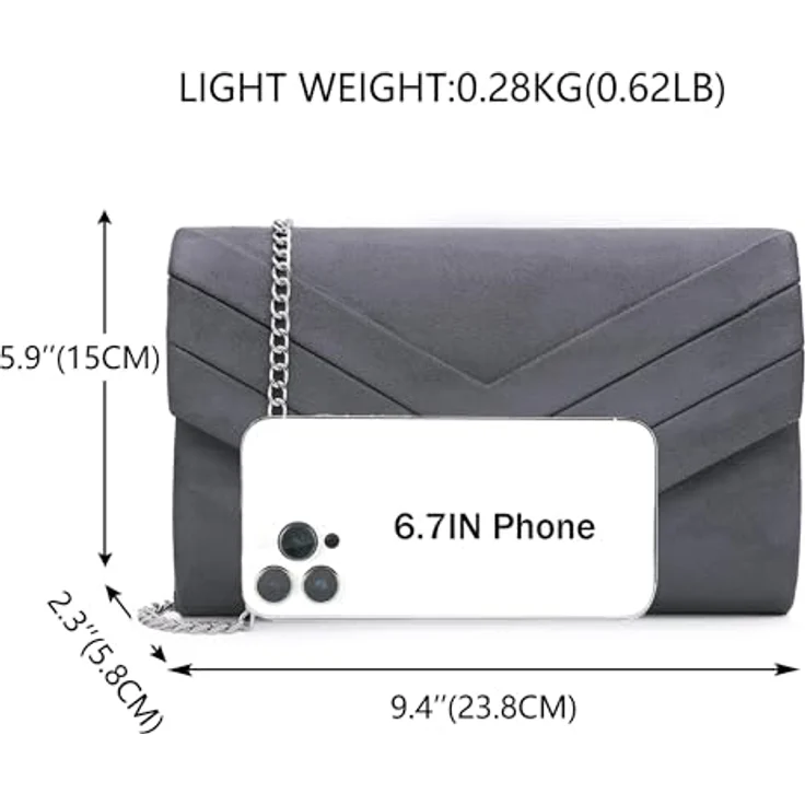 Milisente Damen Clutch, Wildleder Abendtasche mit großem Stauraum, grau, elegantes Umschlag-Design, Crossbody Schultertasche – Bild 4