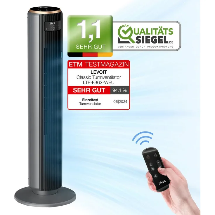 Levoit Turmventilator LTF-F362-AEUR, Standventilator mit Fernbedienung, Oszillation, 4 Modi, 15 Geschwindigkeiten, 60° neigbar, 90° horizontal, schwarz