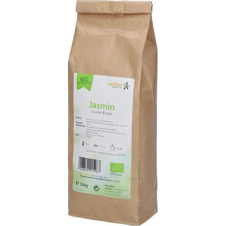 sanitas Grüner Tee Jasmin KBA Bio, 250 g, aromatischer Teegenuss mit Jasminblüten
