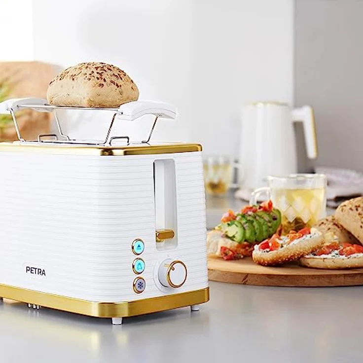 Petra PT5032WVDE 2 Scheiben Toaster – Inklusive Brötchenaufsatz, 7 Bräunungsstufen, 930W, Weiß/Gold – Bild 5