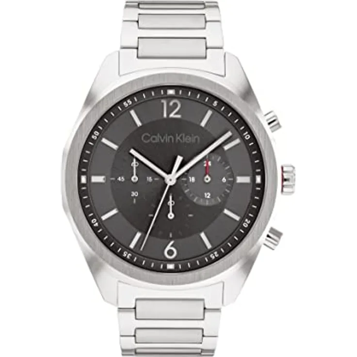 Calvin Klein Chronograph Quarz Uhr für Herren mit Silbernes Edelstahlarmband - Graues Sonnenstrahlen-Zifferblatt