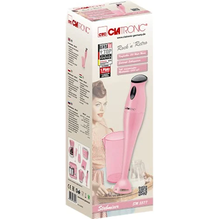 Clatronic SM 3577 Stabmixer mit kraftvollem 180 Watt-Motor, Edelstahlschlagmesser (rostfrei), inkl. transparentem Mixbehälter (500 ml) und Aufhängeöse, pink, Kunststoff – Bild 6