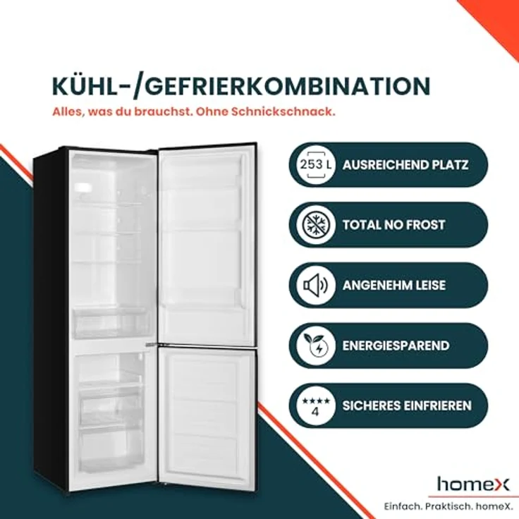 homeX CFSN2531C-B Kühlschrank mit Gefrierfach, 253 Liter, No Frost, freistehend, schwarz – Bild 2