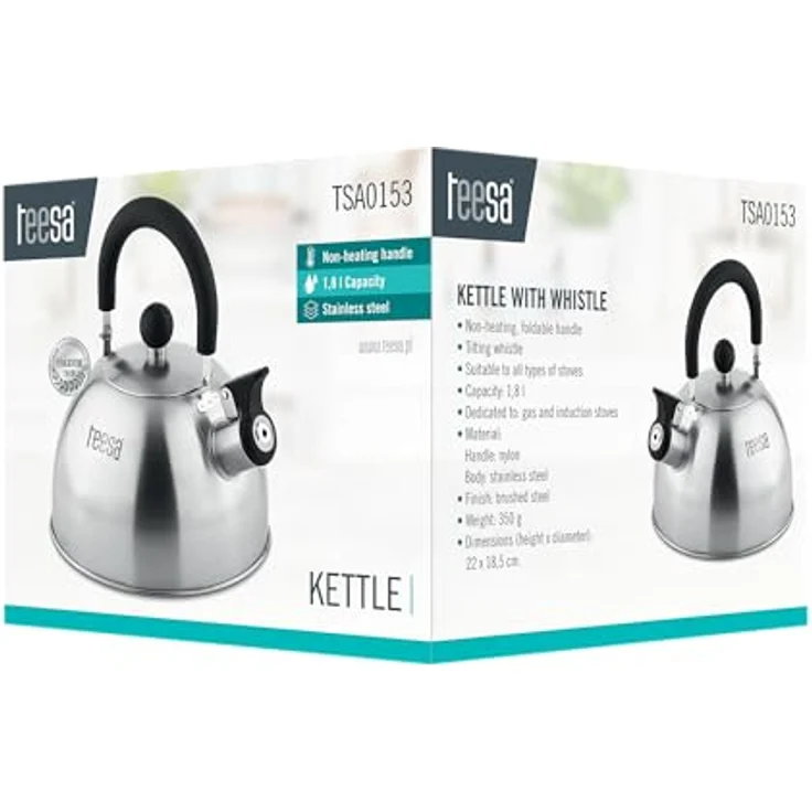 Teesa Edelstahl Wasserkocher mit Pfeife TSA0153, 1,8L, für Induktion und Gas, kühlgriff, gebürstete Oberfläche – Bild 5