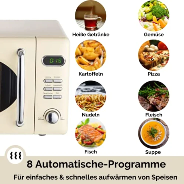PKM WOLKENSTEIN Mikrowelle WMW720, Retro, Standgerät, 700 Watt, creme, 20 Liter Garraum, 8 Automatik-Programme, Drehteller, 60 Min Timer, Kindersicherung – Bild 4