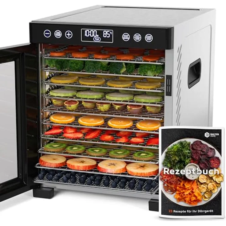 Balter Dörrautomat DA-109, Edelstahl Dörrgerät mit 10 Fächern, 700W, 8400 cm² Dörrfläche, 35°- 75 °C, Timer bis 48 Std, Warmhaltefunktion, inkl. Rezeptbuch – Bild 1