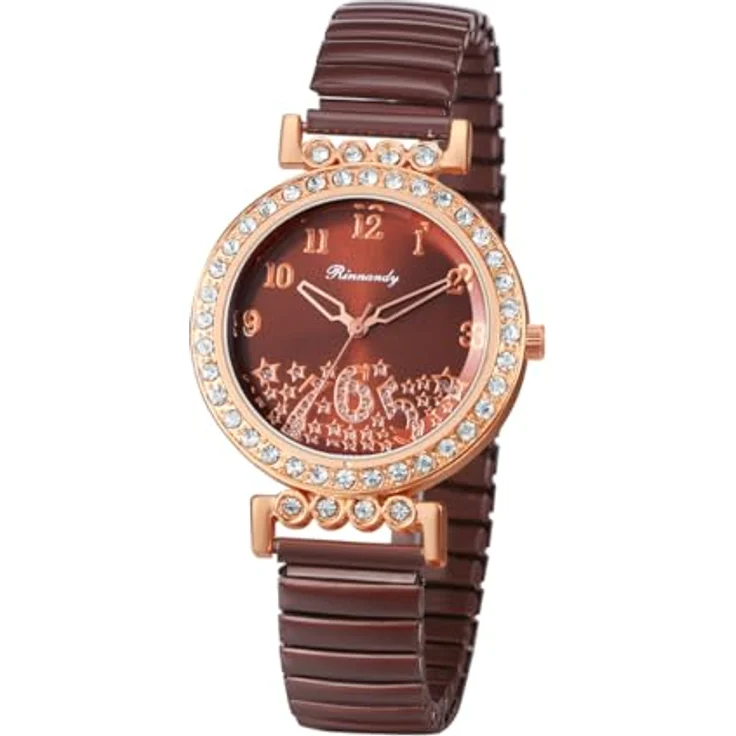 JewelryWe Damenuhr Elastisch auf Zirkonia mit Braunem Edelstahl Stretch-Armband, Analog Quarzwerk und Gut Ablesbarer Digitalskala – Bild 1