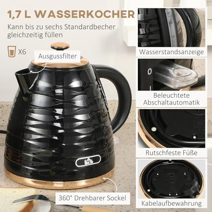 HOMCOM Toaster Frühstück-Set, 1,7L Wasserkocher und 4-Scheiben-Toaster, 2200 W, Auftau- und Aufwärmfunktion, Schwarz – Bild 3