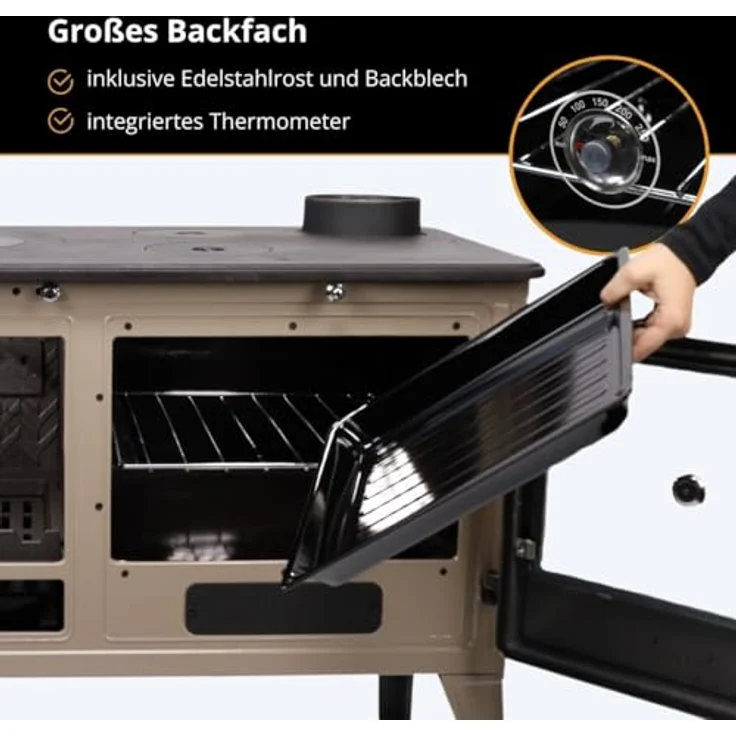 365 Küchenherd Cook Lite, emailliert in Beige, 8,5 kW Gusseisen mit Sichtscheibe und Thermometer – Bild 4