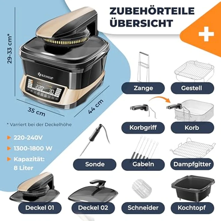 KESSER® Multikocher 8L mit Heißluftfritteuse, 16 Programme, Smart Cook System, integrierte Temperatursonde, Vorheiz- & Warmhaltefunktion, spülmaschinenfreundlich – Bild 2