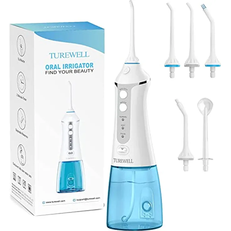 TUREWELL FC1591 Professionelle Munddusche, 300 ml tragbare USB-wiederaufladbare Munddusche Wasserdicht IPX7 und 3 Modi mit 5 multifunktionalen Düsen für Familie und Reisen