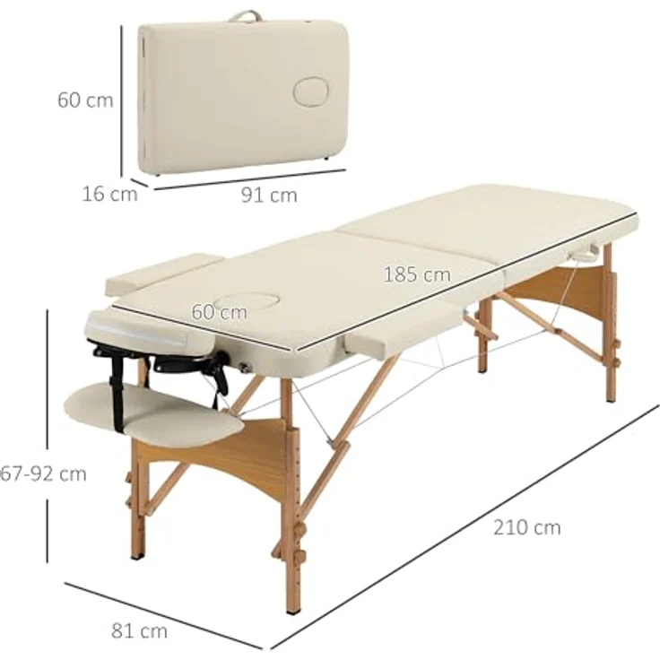 HOMCOM Massagetisch, faltbar, höhenverstellbar, aus Buchenholz, weiß, 182x87x60 cm, bis 250 kg belastbar, inkl. Tragetasche – Bild 7