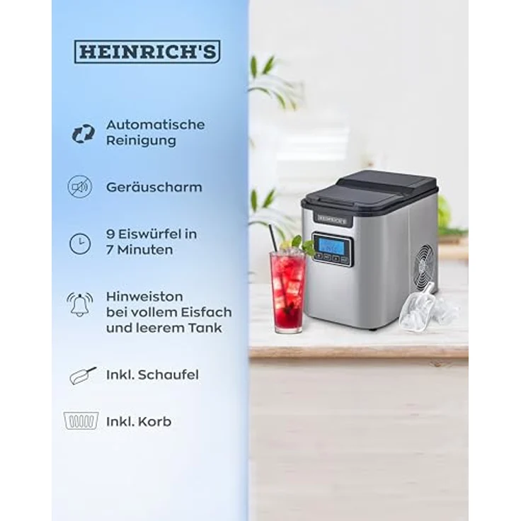 HEINRICHS Eiswürfelmaschine, Eiswürfelbereiter mit Timer, 3 einstellbare Eiswürfelgrößen, LCD-Display, 2,2 Liter Wassertank, Selbstreinigungsfunktion, Edelstahl, 120 W Leistung Heinrich´s – Bild 2