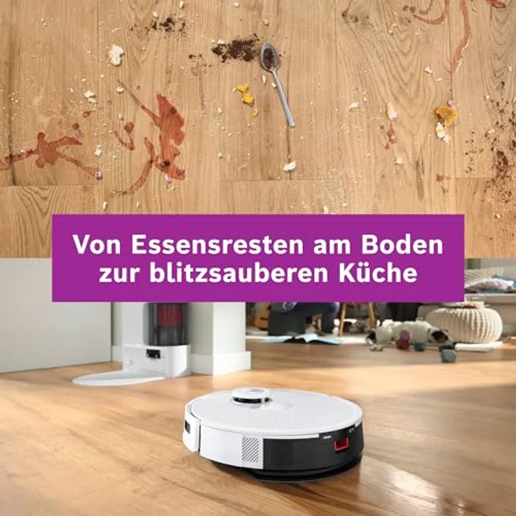 BOSCH Saugroboter Spotless + BCRD1W, Saug- und Wischroboter mit 11.000 Pa Saugkraft, beutellos, Infrarot Navigation, Carbon Bürste, Trocken-Servicestation – Bild 20