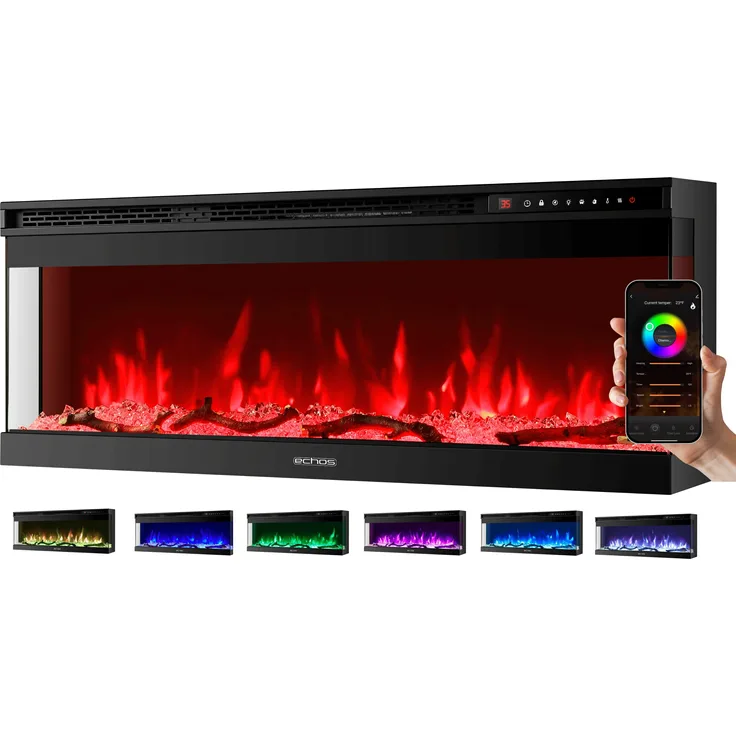Echos Elektrokamin 1500 W | 13 realistische Flammeneffekte | Wandmontage oder Einbau, schwarz