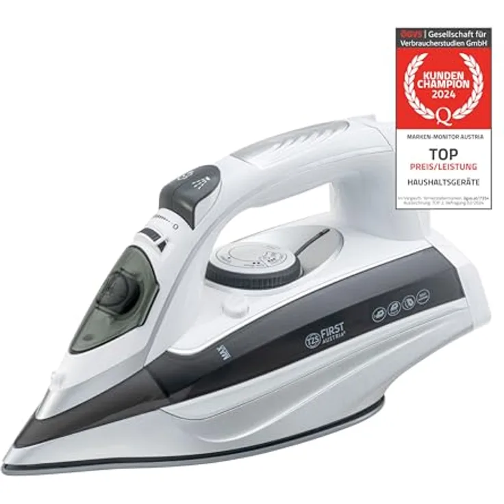 TZS First Austria Dampfbügeleisen I 3100W Keramiksohle Selbstreinigung I Vertikaldampf Anti-Kalk grau