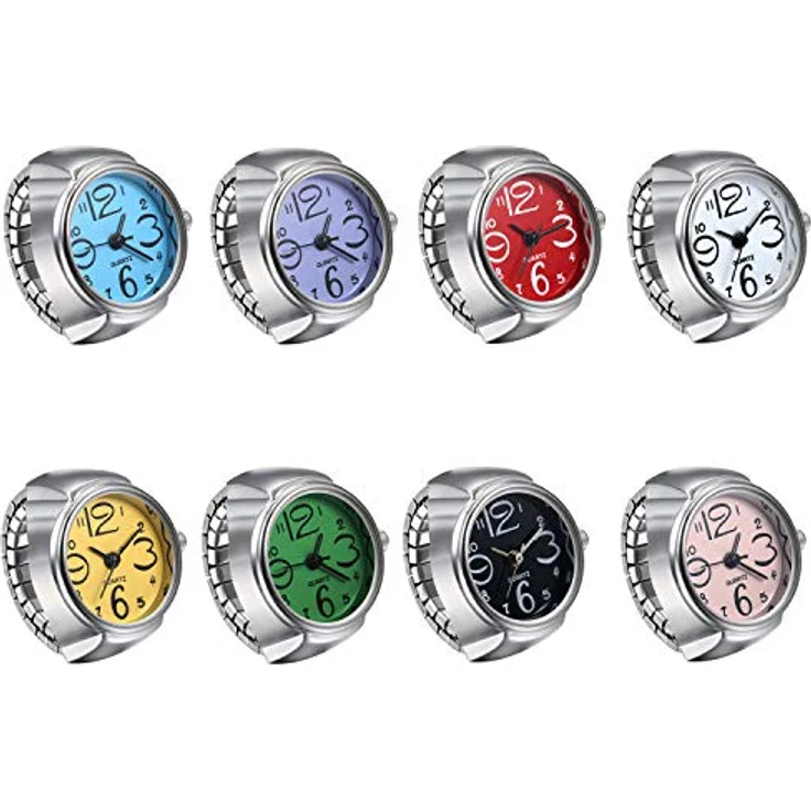 JewelryWe 8pcs Ringuhr, Analog Quarz Fingeruhr für Herren und Damen, elastisches Legierungsband, rund, verstellbar – Bild 1