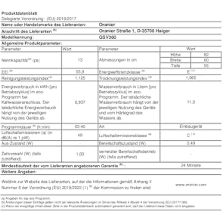 Oranier GSV360, Vollintegrierbarer Einbaugeschirrspüler mit 4 Programmen, Edelstahl Innenbehälter, 13 Maßgedecke, und Halbe Beladung – Bild 10