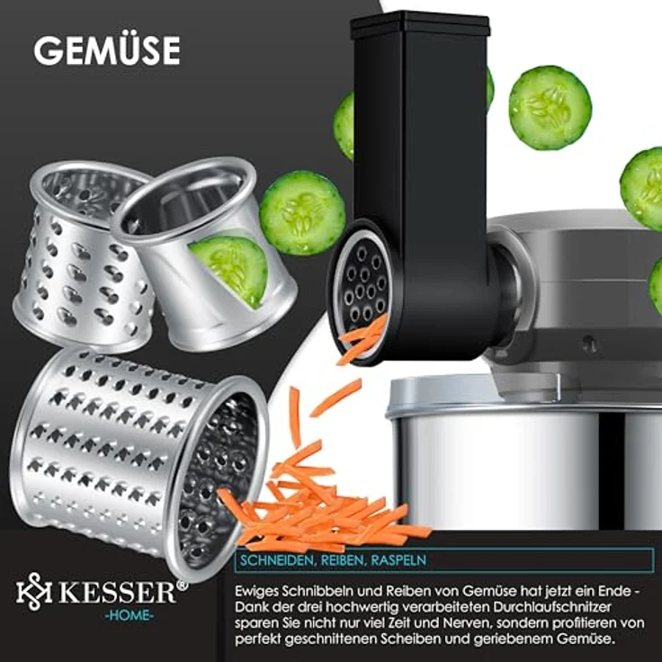 KESSER® K-KM 3000, 3 in 1 Universal Küchenmaschine mit 5,5L Edelstahl-Schüssel, Fleischwolf, Entsafter und Zubehör, 1500 Watt, 6 Geschwindigkeitsstufen, Spritzschutz – Bild 4
