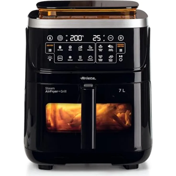 Ariete 4636 Heißluftfritteuse mit Dampf+ Grillfunktion, 1700W, Trocknungsfunktion, 10 Kochfunktionen, transparenter Korb, Timer, Innenbeleuchtung, Schwarz