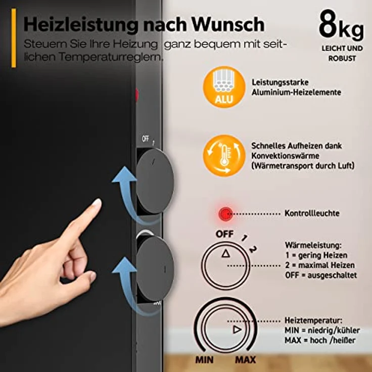 TRESKO Elektroheizung Schwarz 2000W Glaskonvektor Konvektor Wand Heizung Glas Heizkörper Bad, Konvektor – Bild 4