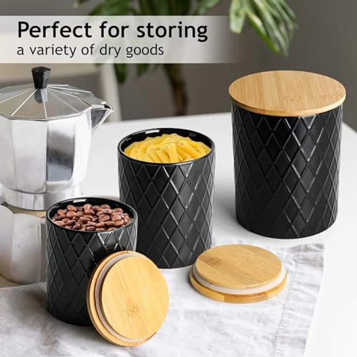 MIAMIO Palmanova Kollektion Set von 3 Vorratsdosen, Keramik mit luftdichtem Bambusdeckel, 845ml, 1100ml und 1800ml, Schwarz – Bild 2