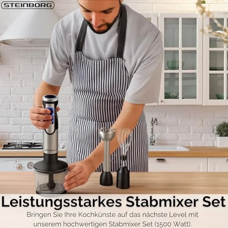 STEINBORG Stabmixer SB-7070, 1500 W, Edelstahl + Kunststoff, 2 Geschwindigkeitsstufen, umfangreiches Zubehör – Bild 2
