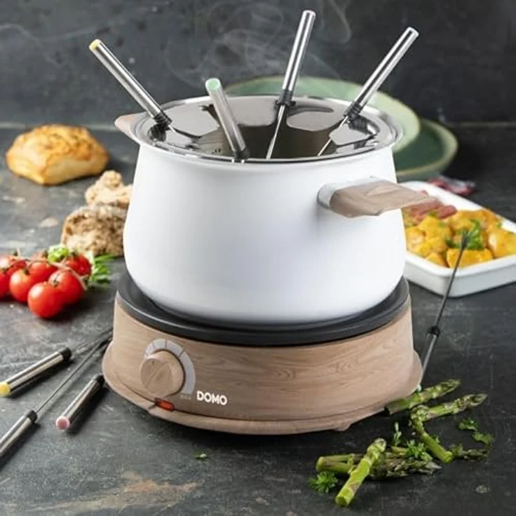Domo Fondue DO736F 1500 W Kontrollleuchte, 8 Fonduegabeln Holz, Weiß, 2.00 l – Bild 3