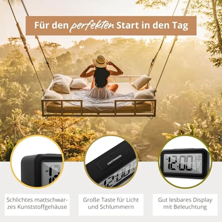 Mebus digitaler Wecker 1594101, Kunststoff Schwarz mit Lichtsensor, 2 Weckzeiten, Innenthermometer und Hintergrundbeleuchtung – Bild 5