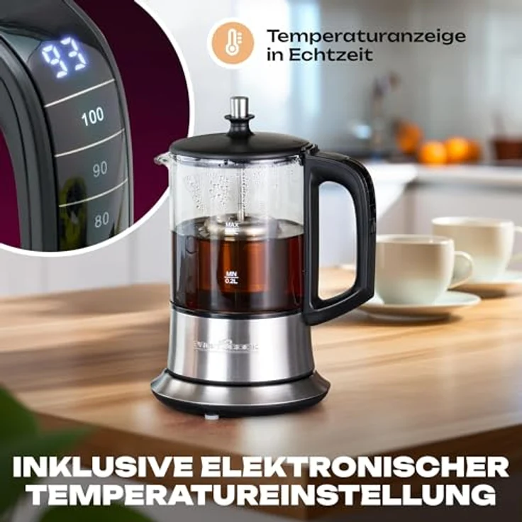 Profi Cook PC-TK 1165 1165-2 in 1-Tee-und Wasserkocher, Permanent Edelstahl-Teefilter (heb-und senkbar), 0,5 L Füllmenge, Warmhaltefunktion, Glas--Edelstahlgehäuse, Schwarz-Silber – Bild 2