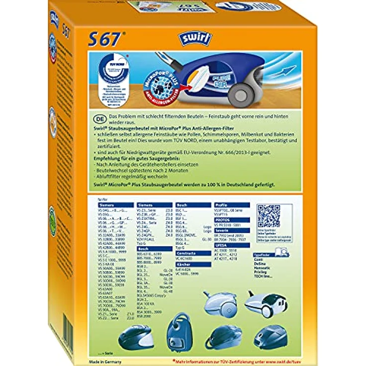 Swirl S67 PureAir MicroPor® Plus Staubsaugerbeutel, 4 Stück, Anti-Allergen-Filter, Recyclingmaterial, Made in Germany – Bild 2