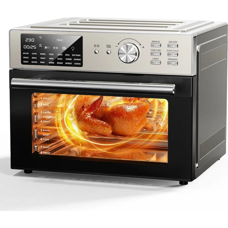 Azmsary Minibackofen Heißluftfritteuse 30L Edelstahl, 1800 W Multifunktionsofen mit Umluft, 21 in 1, 7 Zubehör und Timer