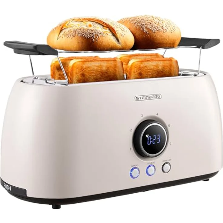 Steinborg Langschlitztoaster 4-Scheiben mit Brötchenaufsatz, automatischer Abschaltung, digitalem Display und Restzeitanzeige, Cool-Touch-Gehäuse (Bulgur Beige) – Bild 1