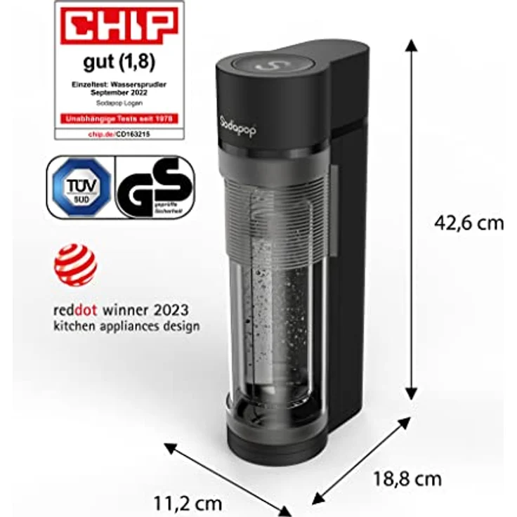 Sodapop Wassersprudler Logan, inkl. 2 Glasflaschen (850 & 600 ml) und 1 PET-Flasche (850 ml), Matt Schwarz, Höhe 42,6 cm – Bild 2