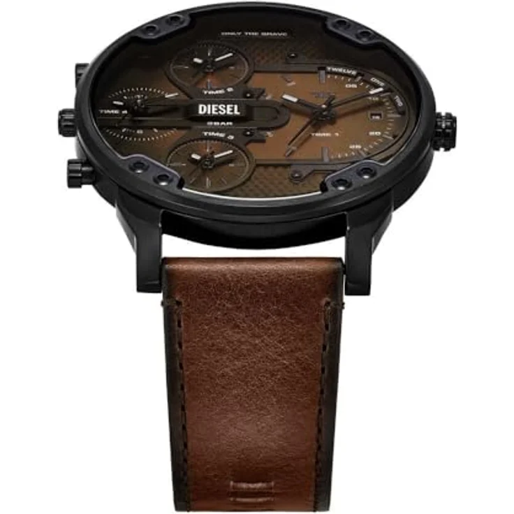 DIESEL Herren Analog Quarz Uhr DZ7492, schwarzes Edelstahlgehäuse, braunes Lederarmband, 54mm, kratzfestes Mineralglas, Wasserbeständig bis 30m – Bild 4