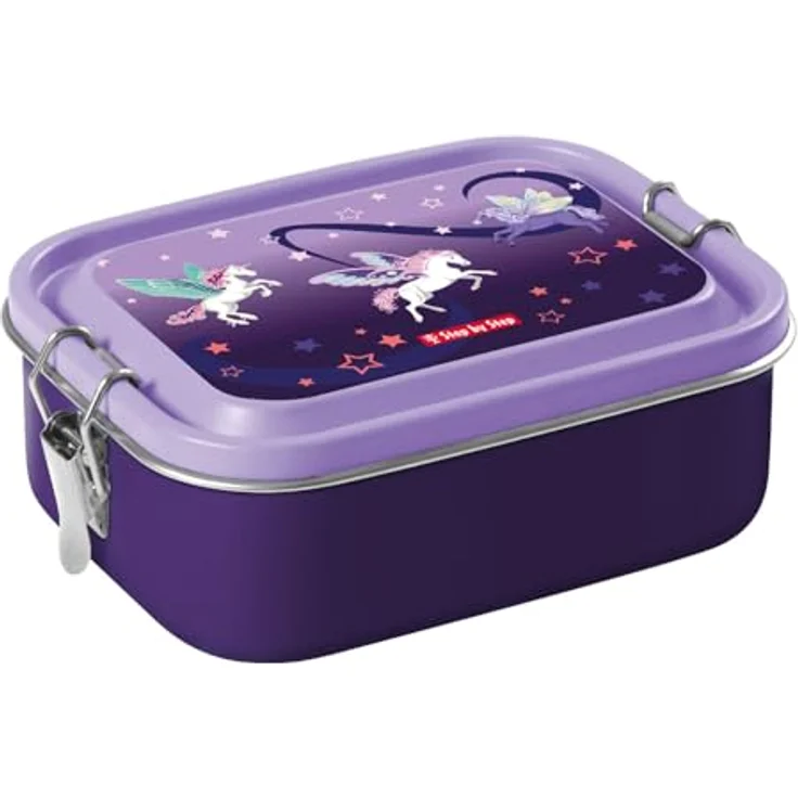 Step by Step Lunchbox Stainless Steel Dreamy Pegasus, 0,8 Liter, violett mit praktischem Fächersystem und sicherem Verschluss