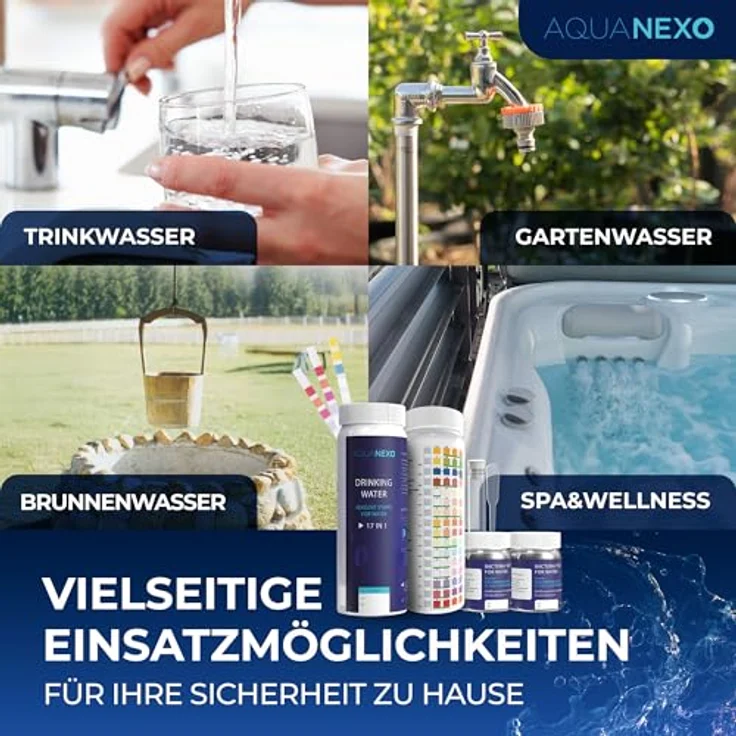 Aquanexo 125 Wassertester Trinkwasser Teststreifen 17-in-1 + 2 Bakterientests + Pipette + Reagenzglas, Wasserfilter in 16-in-1 Werten, Blau – Bild 6