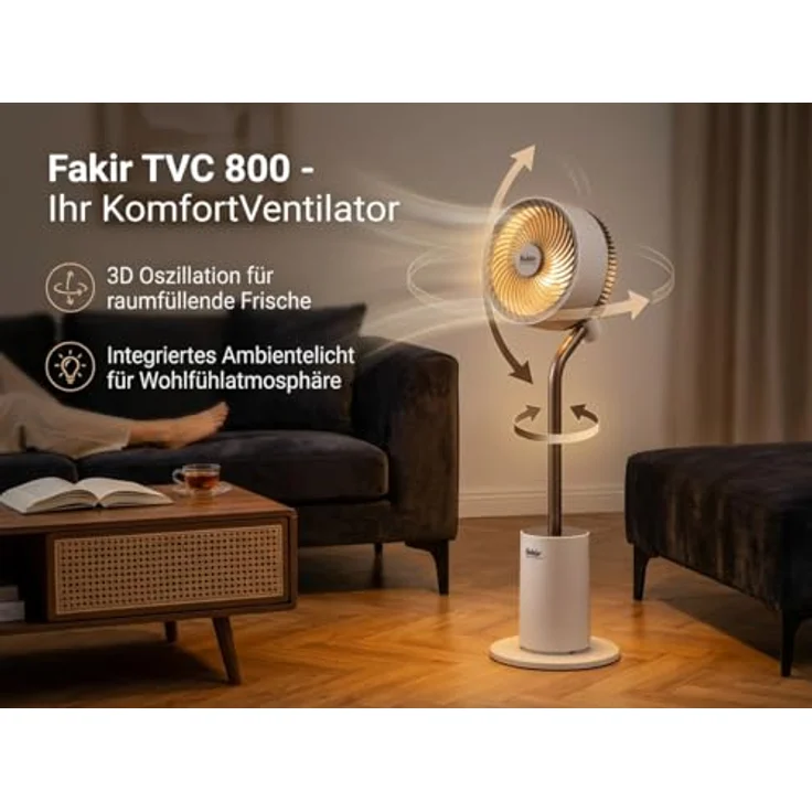 Fakir Premium TVC 800 Standventilator, 24V DC-Motor, 26 dB, 12 Stufen, 3D-Oszillation, Duftpad, Ambiente-Licht – Bild 3