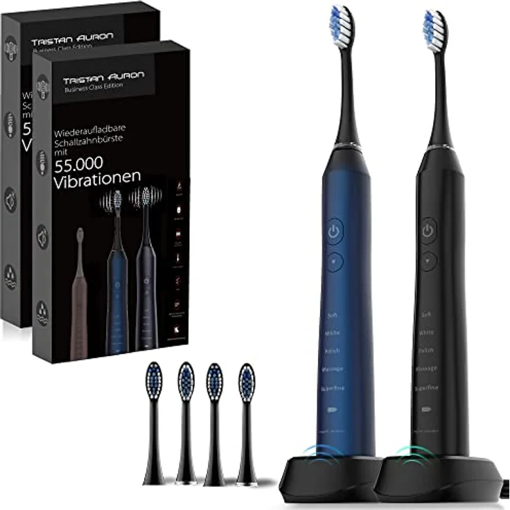 Tristan Auron Schallzahnbürsten Doppelpack, 55.000 Schwingungen, 5 Putzmodi, 60 Tage Akku, 4 Bürstenköpfe, Business Edition (blau/schwarz) – Bild 1