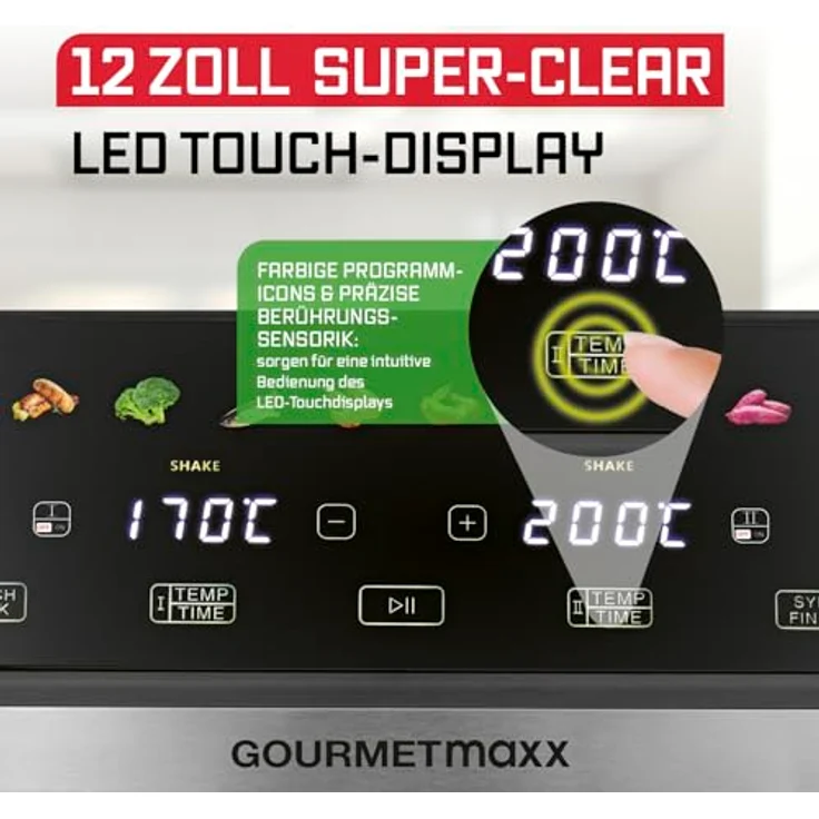 GOURMETmaxx Heißluftfritteuse AirGenius 10 l (2 x 5 l), Vario-Kammer, 2800 W, 10 Programme, Multi-Colour-LED-Touch-Display – Bild 4