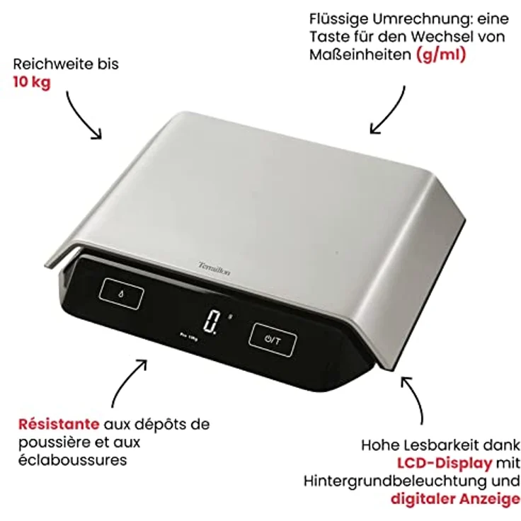 Terraillon Küchenwaage, Mit Tara-Funktion, Flüssigkeitsanzeige, Anti-Staub-Beschichtung, Bis 10 kg, Supreme, Silber-Schwarz – Bild 4