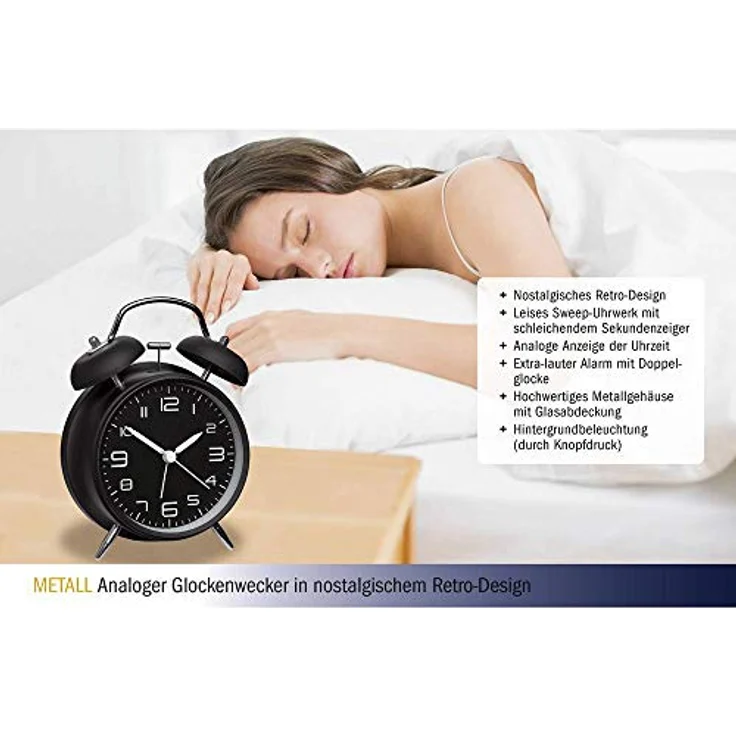 TFA Dostmann Analoger Metall-Glockenwecker 60.1025, Retro-Design mit lauter Alarm, leises Uhrwerk und Hintergrundbeleuchtung, schwarz, L 117 x B 56 x H 159 mm – Bild 5