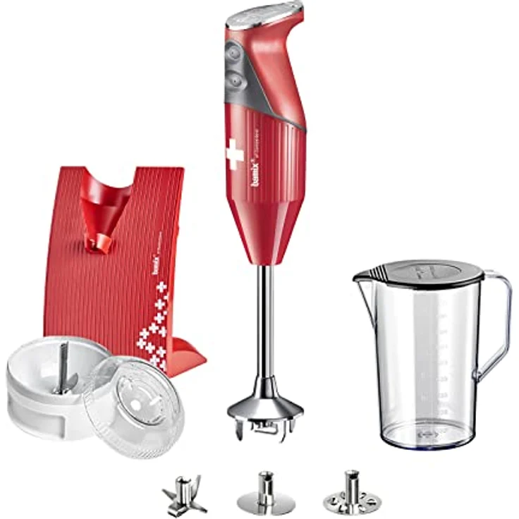 Bamix SwissLine, Pürierstab und Eis-Crusher, 1,8 m, 200 W, rot, lebenslange Motor-Garantie, inklusive 0,9-Liter-Mischschüssel und Wechselklingen – Bild 1