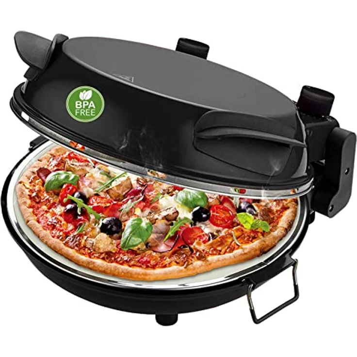 Emerio Pizzaofen, Platte aus feuerfestem Stein, 31.5 cm Durchmesser, 1200 Watt, Timer, BPA frei, Pizzaheber aus Edelstahl, Schwarz – Bild 1